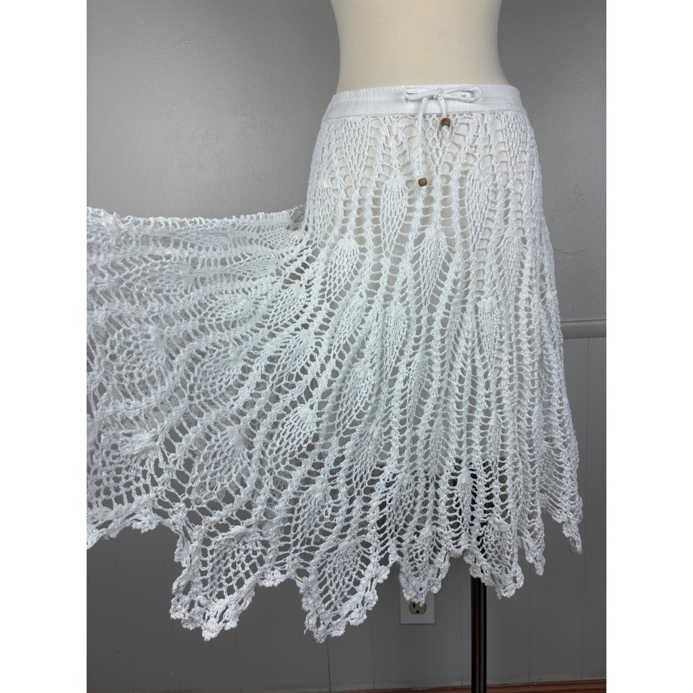 Bohemian Cafe Crocheted Midi Skirt Size L White Lined Open Knit Festival Hippie